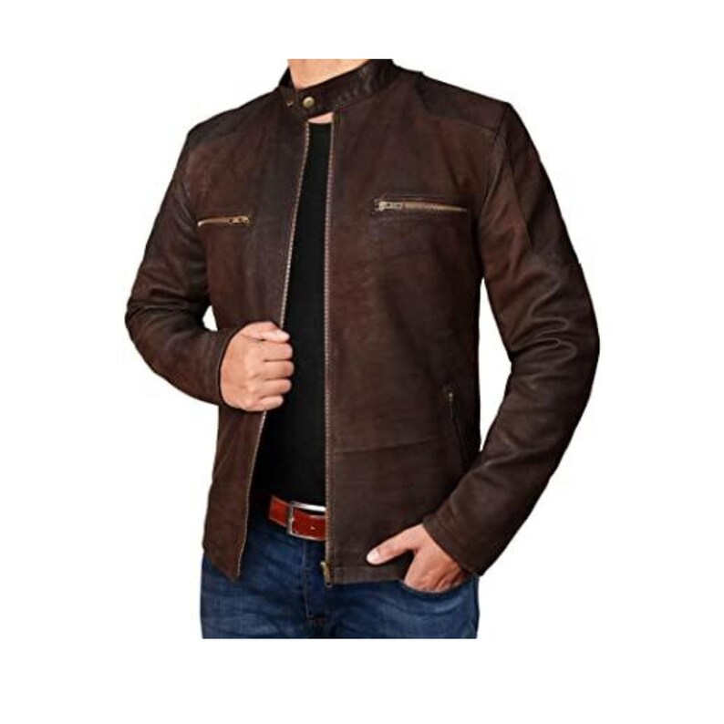 Brown Biker Leather Jacket Mens With Suede Finish Brown Leather Motorcycle Jacket Men Suede Leather Biker Jacket Brown Cafe Racer Jacket Men