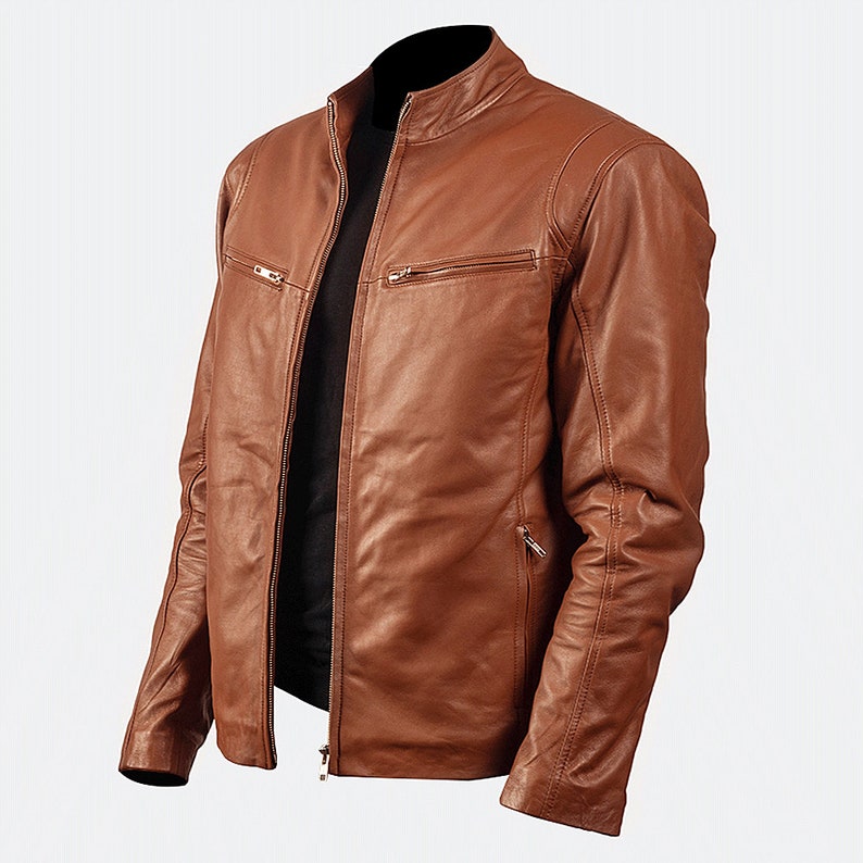 Brown Leather Motorcycle Jacket Mens With Four Zipper Pockets Brown Leather Cafe Racer Jacket Brown Mens Biker Jacket Brown Motorbike Jacket