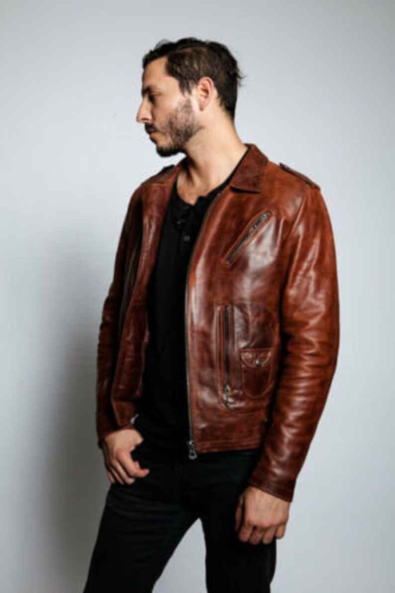 Brown Distressed Motorcycle Jacket With Asymmetrical Zipper Closure Mens Brown Leather Motorcycle Jacket Brown Leather Biker Jacket For Men