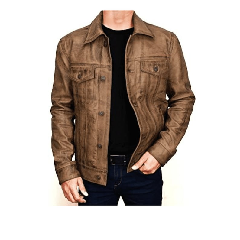 Brown Leather Moto Jacket With Paneled Design Mens Trucker Jacket Brown Leather Biker Jacket Brown Mens Brown Leather Motorcycle Jacket