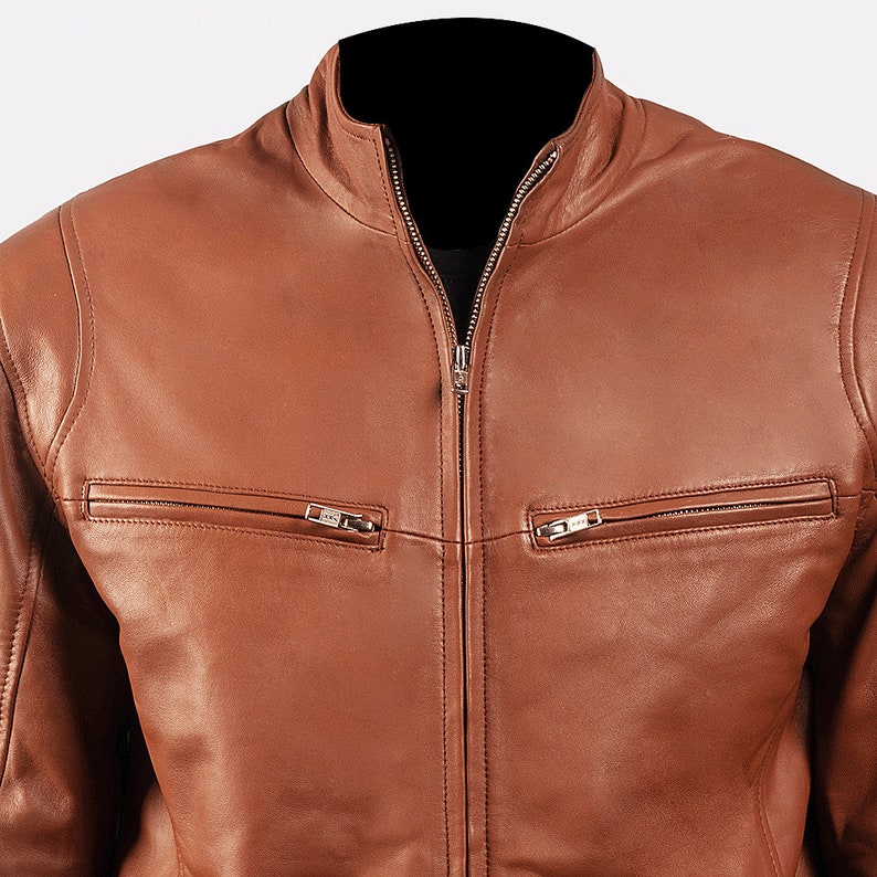 Brown Leather Motorcycle Jacket Mens With Four Zipper Pockets Brown Leather Cafe Racer Jacket Brown Mens Biker Jacket Brown Motorbike Jacket