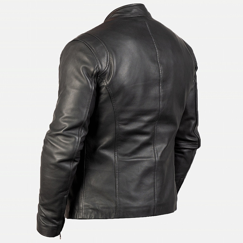 Genuine Sheepskin Black Motorbike Jacket Mens Black Leather Motorcycle Jacket Cafe Racer Leather Jacket Mens Black Leather Moto Jacket Mens