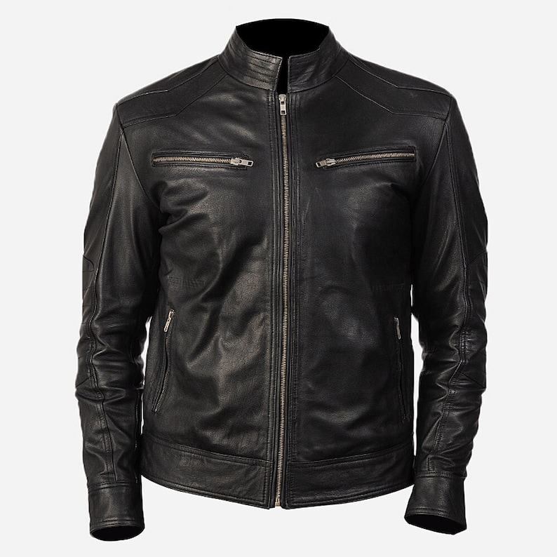 Black Leather Motorcycle Jacket For Men With Zipper Cuffs Black Leather Moto Jacket Cafe Racer Leather Jacket Mens Black Motorbike Jacket
