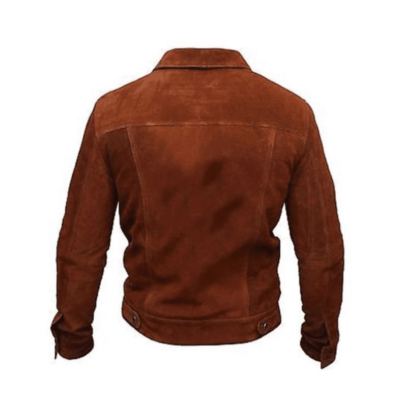 Trucker Brown Suede Biker Jacket Mens With Button Closure And Flap Pockets Brown Trucker Jacket Mens Biker Suede Jacket Brown Jacket Mens