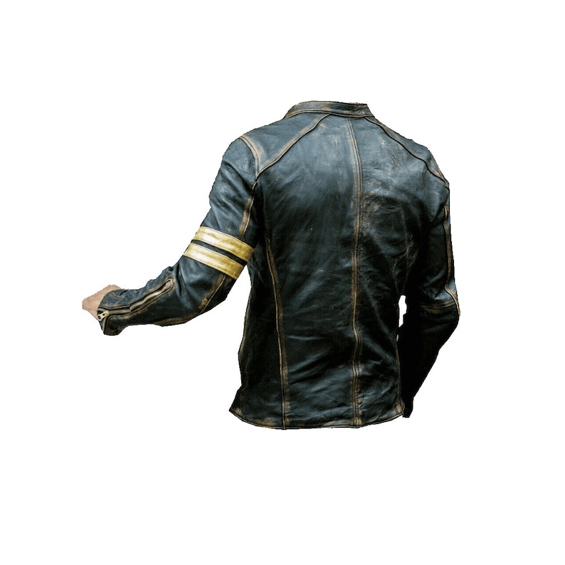 Distressed Black Leather Riding Jacket Mens With Yellow Stripes Black Leather Motorcycle Jacket Mens Black Leather Biker Jacket Cafe Racer