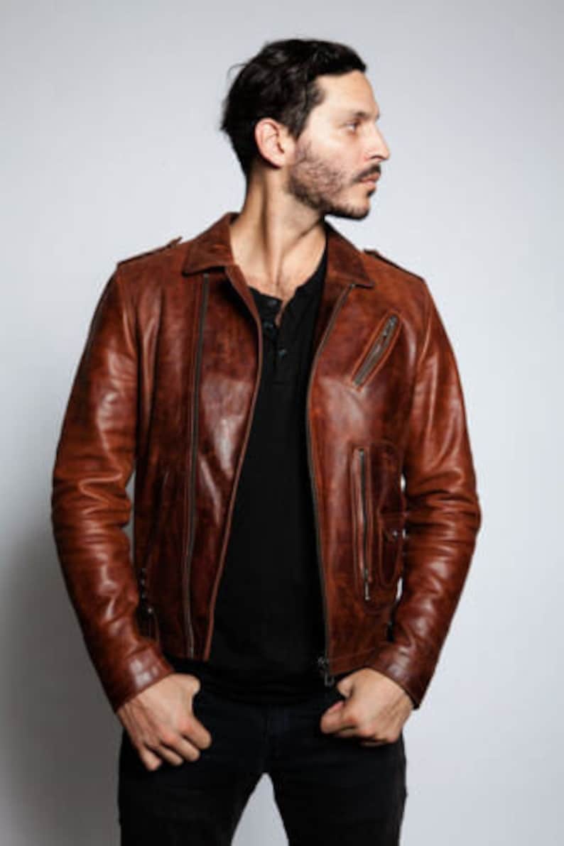Brown Distressed Motorcycle Jacket With Asymmetrical Zipper Closure Mens Brown Leather Motorcycle Jacket Brown Leather Biker Jacket For Men