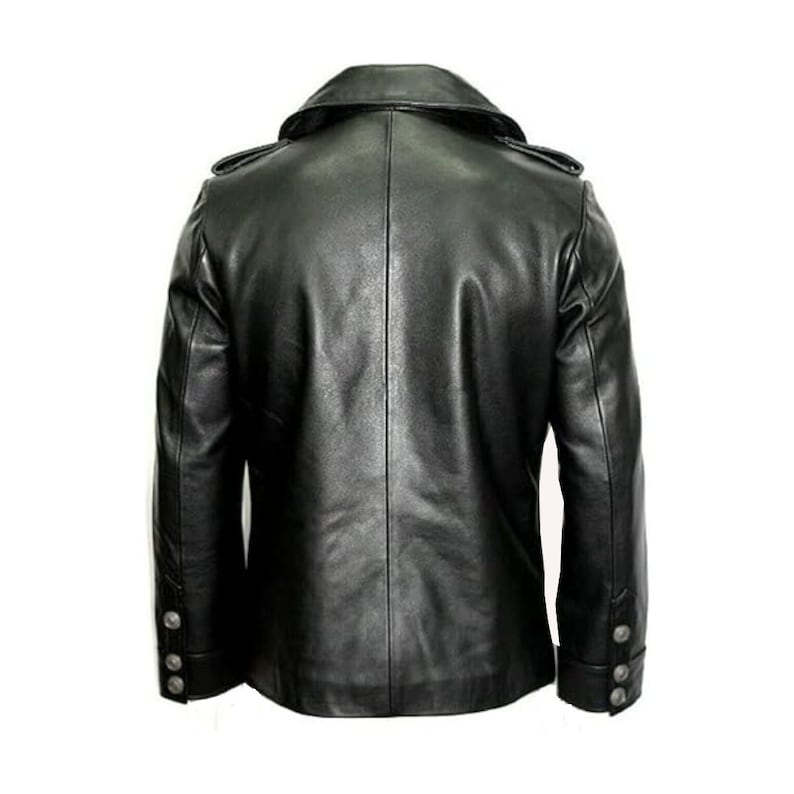 Mens Black Leather Motorcycle Jacket With Double Breasted Front And Epaulets Black Leather Biker Jacket For Men Black Leather Riding Jacket