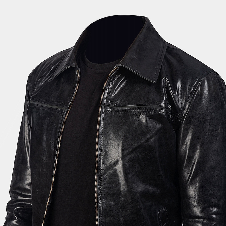 Black Leather Riding Jacket Mens With Shirt Collar And Two Welt Pockets Black Leather Motorcycle Jacket Black Leather Biker Jacket For Men
