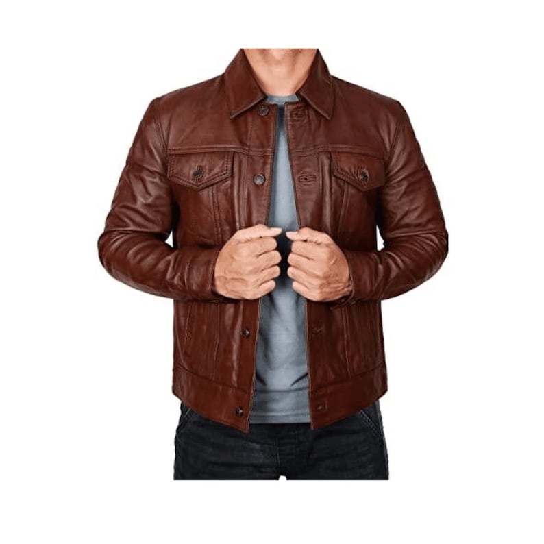 Trucker Dark Brown Leather Motorcycle Jacket With Shirt Collar Mens Trucker Jacket Brown Biker Leather Jacket Brown Motorcycle Jacket Mens