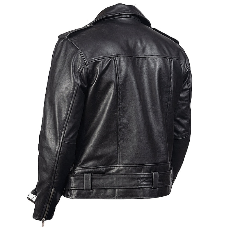 Black Leather Motorcycle Jacket Mens With Notched Lapels And Waist Belt Mens Black Leather Biker Jacket Double Rider Leather Jacket For Men