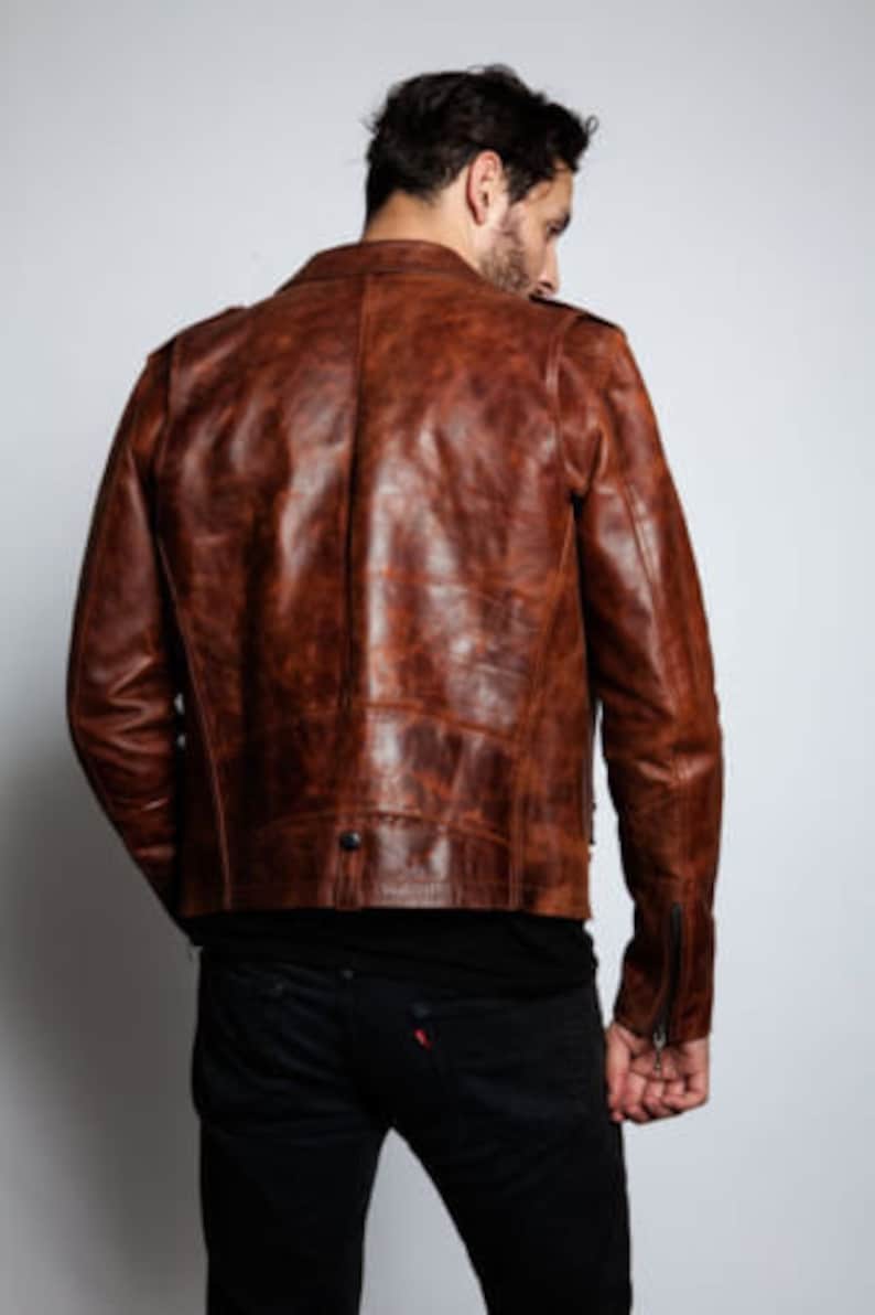Brown Distressed Motorcycle Jacket With Asymmetrical Zipper Closure Mens Brown Leather Motorcycle Jacket Brown Leather Biker Jacket For Men