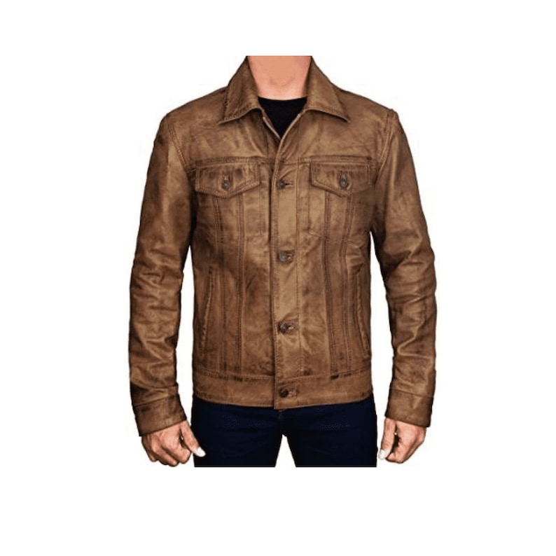 Brown Leather Moto Jacket With Paneled Design Mens Trucker Jacket Brown Leather Biker Jacket Brown Mens Brown Leather Motorcycle Jacket