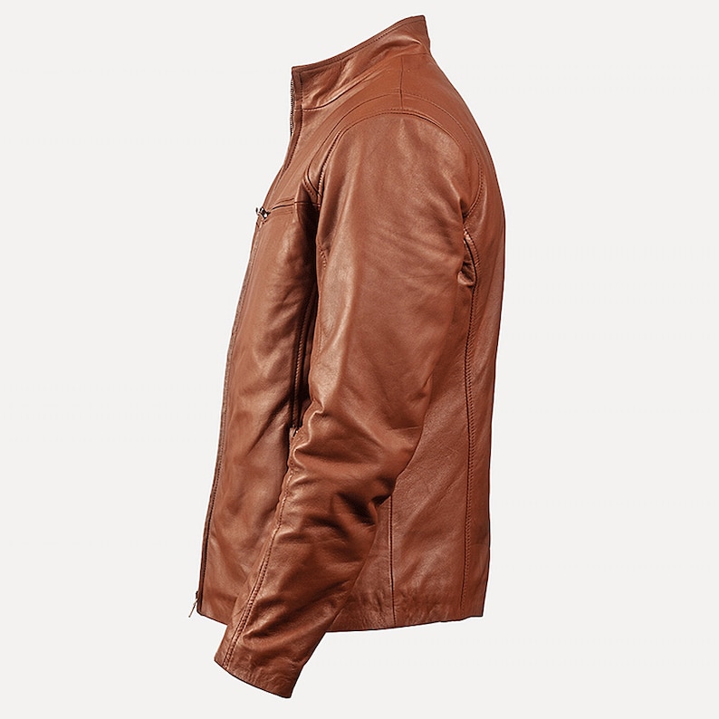 Brown Leather Motorcycle Jacket Mens With Four Zipper Pockets Brown Leather Cafe Racer Jacket Brown Mens Biker Jacket Brown Motorbike Jacket