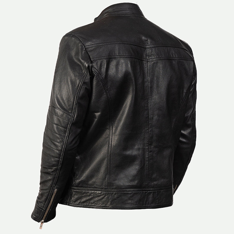 Black Leather Motorcycle Jacket For Men With Zipper Cuffs Black Leather Moto Jacket Cafe Racer Leather Jacket Mens Black Motorbike Jacket