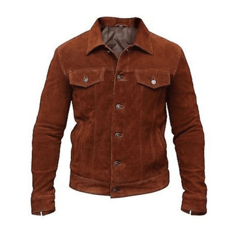 Trucker Brown Suede Biker Jacket Mens With Button Closure And Flap Pockets Brown Trucker Jacket Mens Biker Suede Jacket Brown Jacket Mens