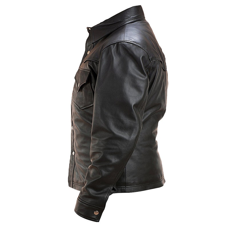 Black Leather Biker Jacket With Shirt Collar And Button Closure Mens Black Leather Motorcycle Jacket Cafe Racer Leather Jacket Mens Black