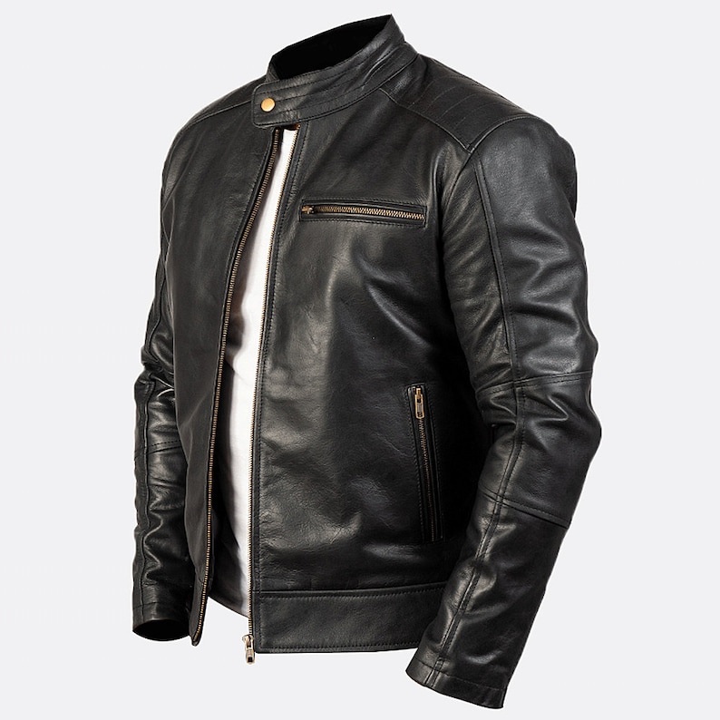Black Leather Motorcycle Jacket With Snap Button And Zipper Closure Black Leather Moto Jacket Cafe Racer Biker Jacket Black Motorbike Jacket
