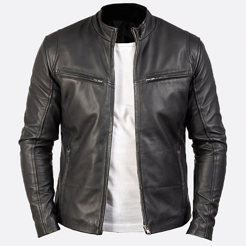 Genuine Sheepskin Black Motorbike Jacket Mens Black Leather Motorcycle Jacket Cafe Racer Leather Jacket Mens Black Leather Moto Jacket Mens