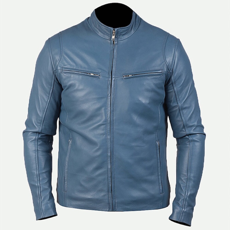 Blue Leather Biker Jacket Mens With Four Zipper Pockets Blue Leather Motorcycle Jacket Blue Leather Moto Jacket Cafe Racer Leather Jacket