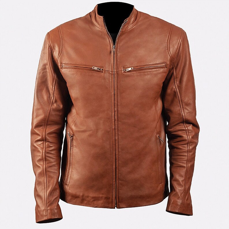 Brown Leather Motorcycle Jacket Mens With Four Zipper Pockets Brown Leather Cafe Racer Jacket Brown Mens Biker Jacket Brown Motorbike Jacket