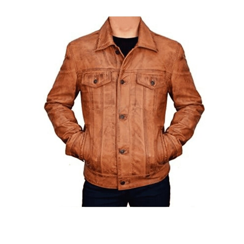 Brown Leather Motorbike Jacket With Button Closure Mens Trucker Jacket Brown Biker Leather Jacket Brown Waxed Motorcycle Jacket Cafe Racer