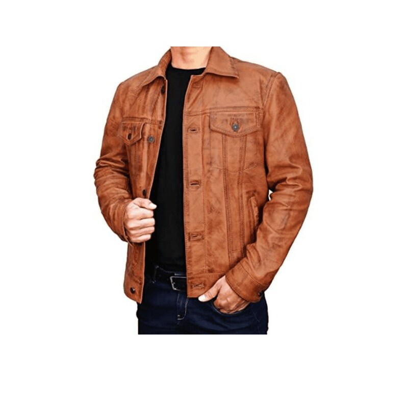 Brown Leather Motorbike Jacket With Button Closure Mens Trucker Jacket Brown Biker Leather Jacket Brown Waxed Motorcycle Jacket Cafe Racer