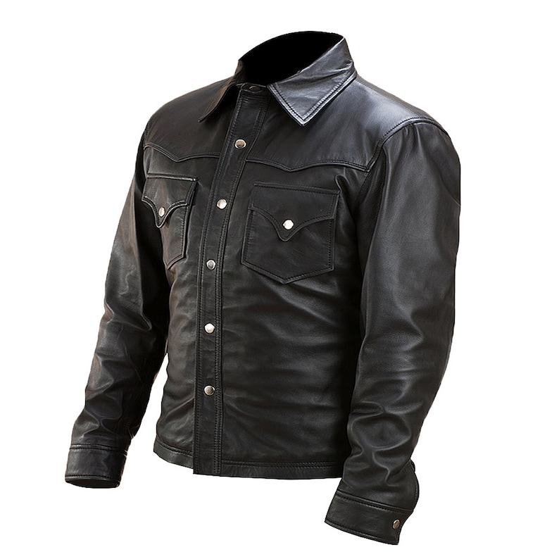 Black Leather Biker Jacket With Shirt Collar And Button Closure Mens Black Leather Motorcycle Jacket Cafe Racer Leather Jacket Mens Black