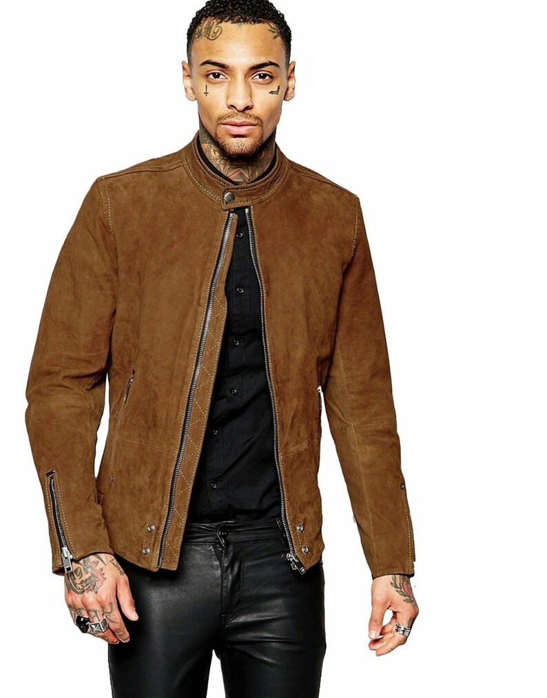 Brown Suede Biker Jacket Mens With Snap Button Collar And Waist Belt Mens Biker Suede Jacket Cafe Racer Jacket Mens Brown Biker Jacket Mens