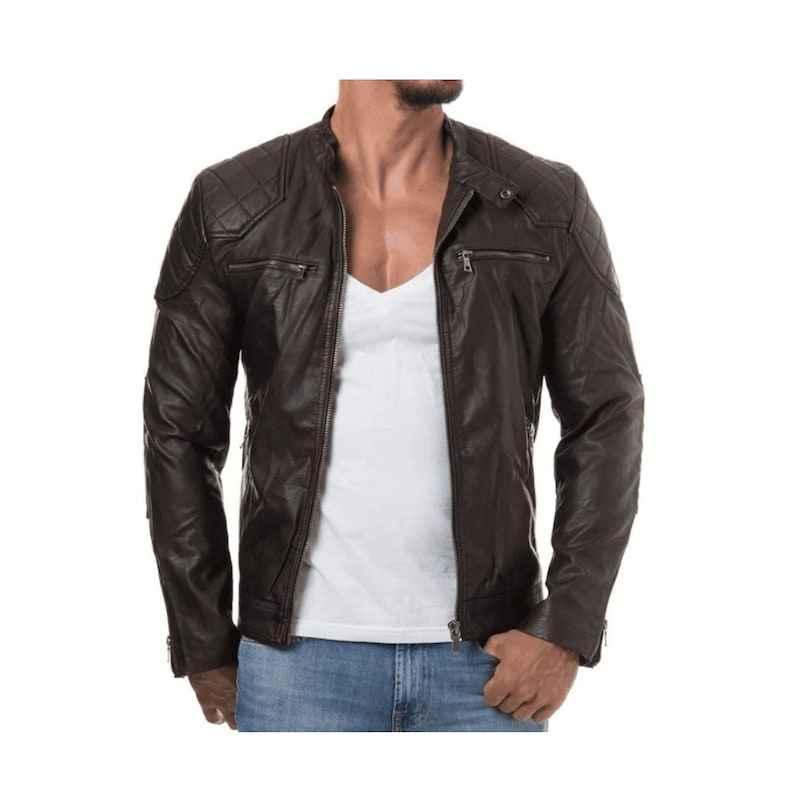 Black Leather Mens Motorcycle Jacket With Checked Padded Shoulders Black Leather Biker Jacket For Men Leather Black Motorcycle Jacket