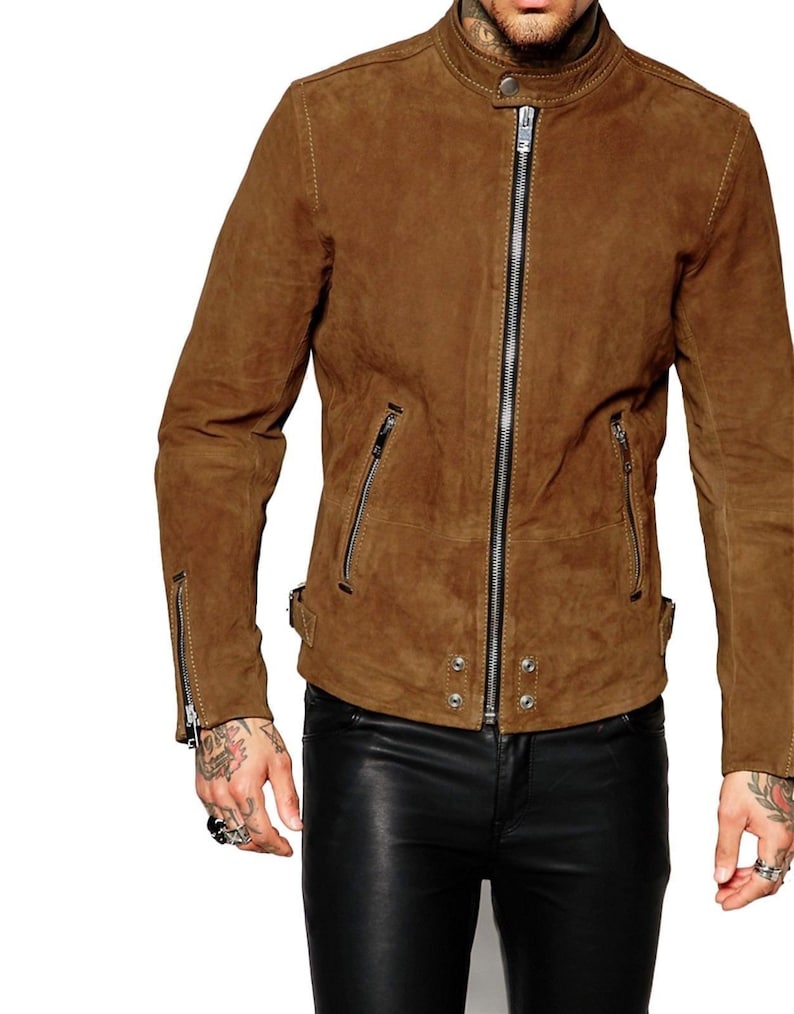 Brown Suede Biker Jacket Mens With Snap Button Collar And Waist Belt Mens Biker Suede Jacket Cafe Racer Jacket Mens Brown Biker Jacket Mens