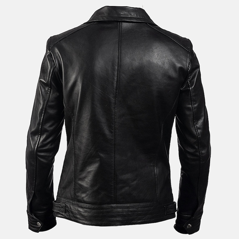 Black Biker Leather Jacket With Diagonal Chest Pocket Mens Leather Cafe Racer Jacket Motorcycle Leather Jacket Black Cafe Racer Biker Jacket
