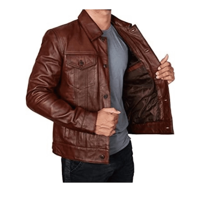 Trucker Dark Brown Leather Motorcycle Jacket With Shirt Collar Mens Trucker Jacket Brown Biker Leather Jacket Brown Motorcycle Jacket Mens