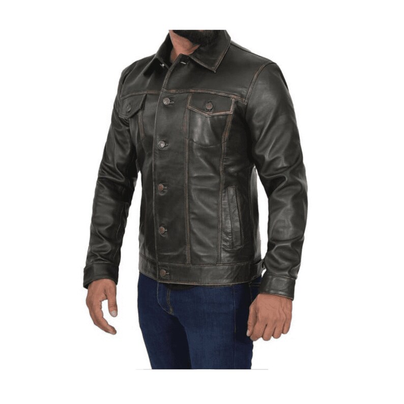 Trucker Black Leather Biker Jacket Mens With Flap Pockets Mens Trucker Jacket Black Biker Leather Jacket Black Mens Waxed Motorcycle Jacket