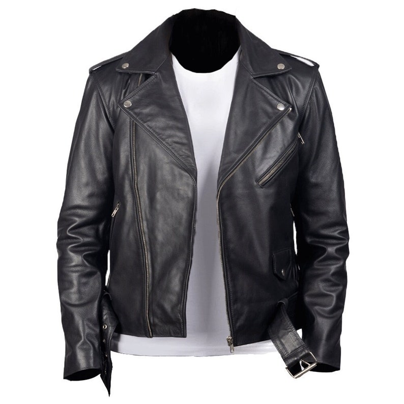 Black Leather Motorcycle Jacket Mens With Notched Lapels And Waist Belt Mens Black Leather Biker Jacket Double Rider Leather Jacket For Men