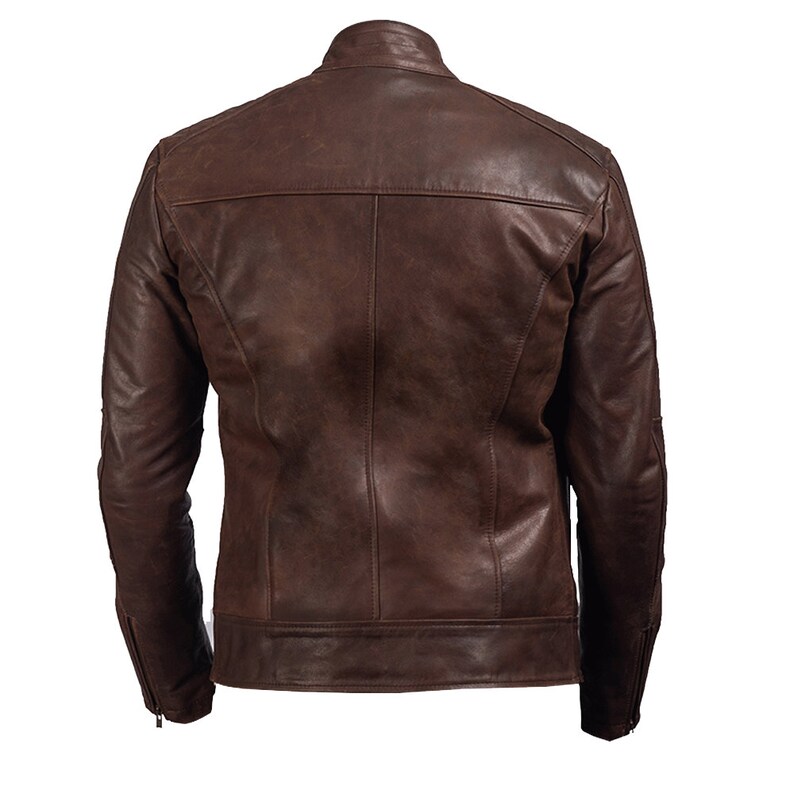Brown Leather Moto Jacket With Band Collar Mens Biker Leather Jacket Brown Waxed Motorcycle Jacket Brown Leather Motorcycle Jacket For Men