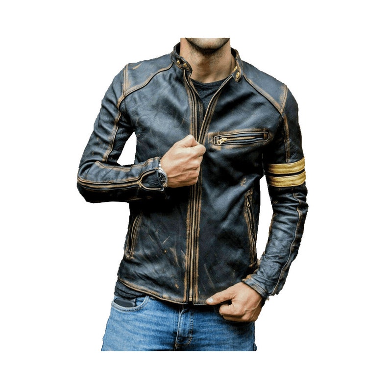 Distressed Black Leather Riding Jacket Mens With Yellow Stripes Black Leather Motorcycle Jacket Mens Black Leather Biker Jacket Cafe Racer