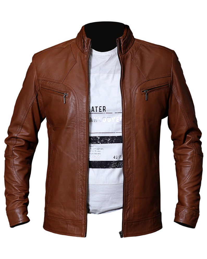 Brown Leather Cafe Racer Jacket With Panel Stitching Mens Brown Leather Motorcycle Jacket Brown Leather Jacket Biker Brown Motorcycle Jacket