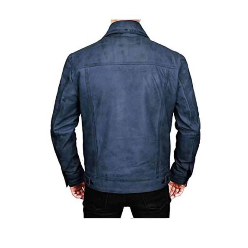 Trucker Blue Leather Biker Jacket Mens With Paneled Design Waxed Motorcycle Jacket Mens Trucker Jacket Blue Biker Leather Jacket Blue Mens