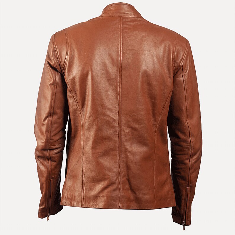 Brown Leather Motorcycle Jacket Mens With Four Zipper Pockets Brown Leather Cafe Racer Jacket Brown Mens Biker Jacket Brown Motorbike Jacket