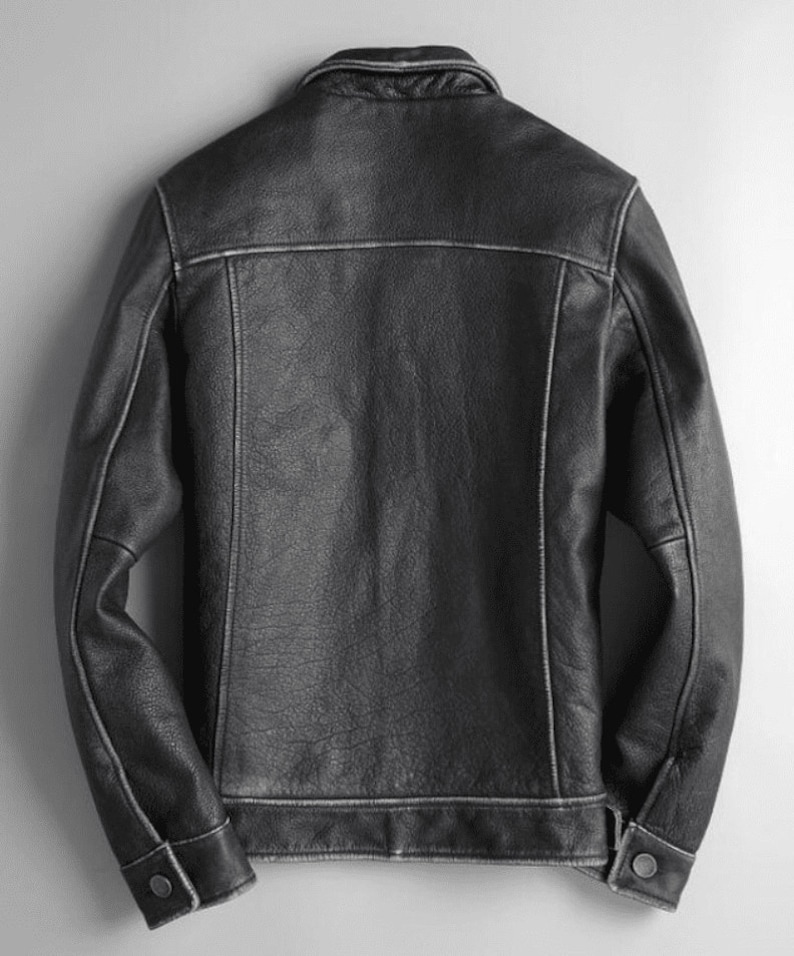 Trucker Mens Biker Jacket With Button Closure Black Leather Motorcycle Jacket Mens Trucker Jacket Black Mens Black Leather Cafe Racer Jacket