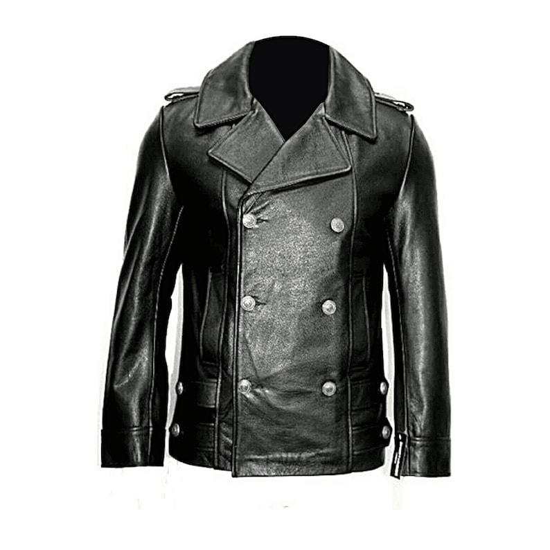 Mens Black Leather Motorcycle Jacket With Double Breasted Front And Epaulets Black Leather Biker Jacket For Men Black Leather Riding Jacket