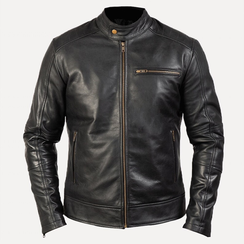 Black Leather Motorcycle Jacket With Snap Button And Zipper Closure Black Leather Moto Jacket Cafe Racer Biker Jacket Black Motorbike Jacket