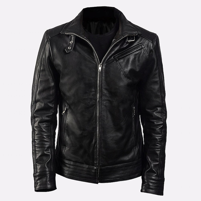 Black Biker Leather Jacket With Diagonal Chest Pocket Mens Leather Cafe Racer Jacket Motorcycle Leather Jacket Black Cafe Racer Biker Jacket