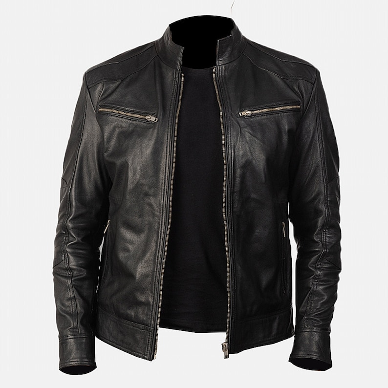 Black Leather Motorcycle Jacket For Men With Zipper Cuffs Black Leather Moto Jacket Cafe Racer Leather Jacket Mens Black Motorbike Jacket