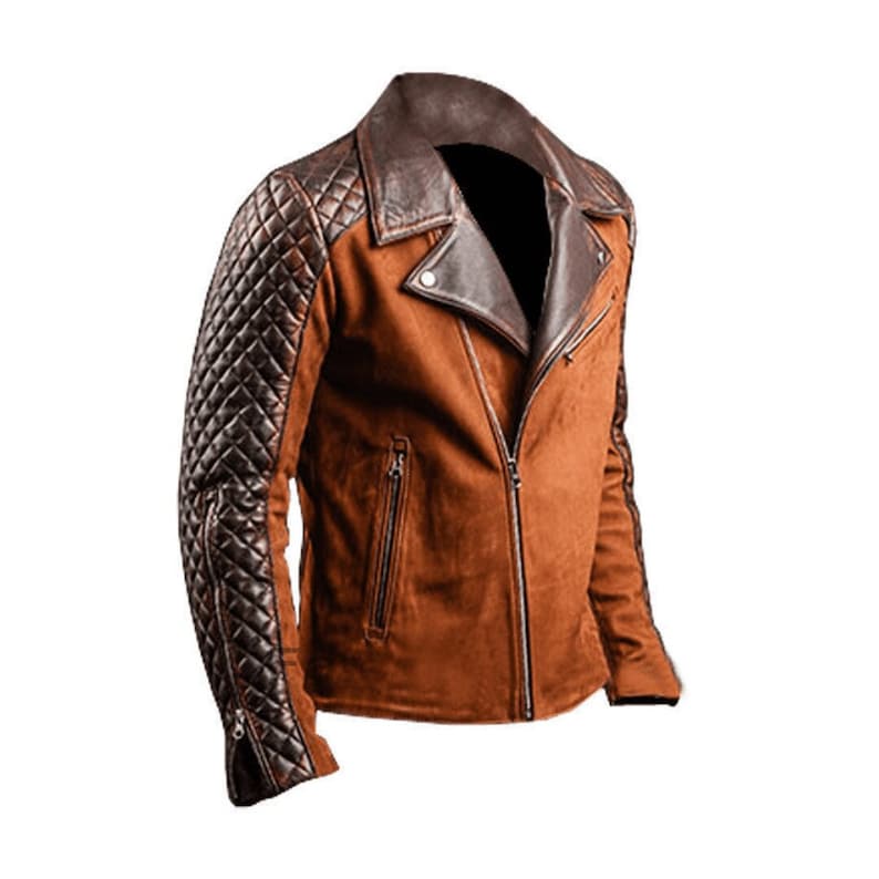 Brown Suede Leather Biker Jacket Mens With Quilted Shoulders And Sleeves Mens Brown Leather Motorcycle Jacket Mens Suede Biker Jacket Brown