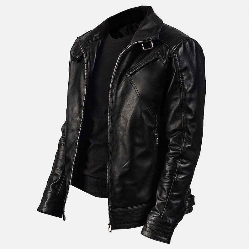 Black Biker Leather Jacket With Diagonal Chest Pocket Mens Leather Cafe Racer Jacket Motorcycle Leather Jacket Black Cafe Racer Biker Jacket