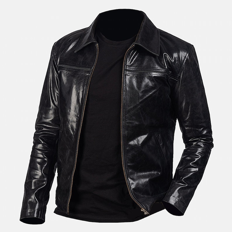 Black Leather Riding Jacket Mens With Shirt Collar And Two Welt Pockets Black Leather Motorcycle Jacket Black Leather Biker Jacket For Men