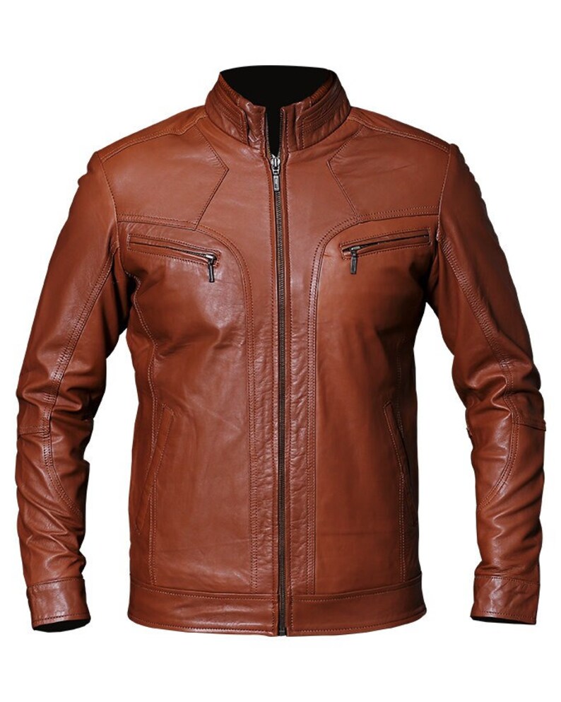 Brown Leather Cafe Racer Jacket With Panel Stitching Mens Brown Leather Motorcycle Jacket Brown Leather Jacket Biker Brown Motorcycle Jacket