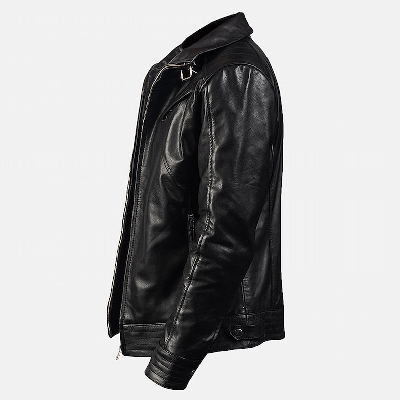 Black Biker Leather Jacket With Diagonal Chest Pocket Mens Leather Cafe Racer Jacket Motorcycle Leather Jacket Black Cafe Racer Biker Jacket