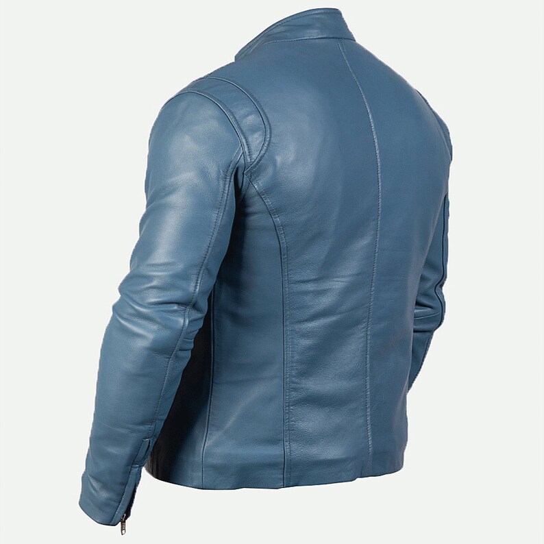 Blue Leather Biker Jacket Mens With Four Zipper Pockets Blue Leather Motorcycle Jacket Blue Leather Moto Jacket Cafe Racer Leather Jacket